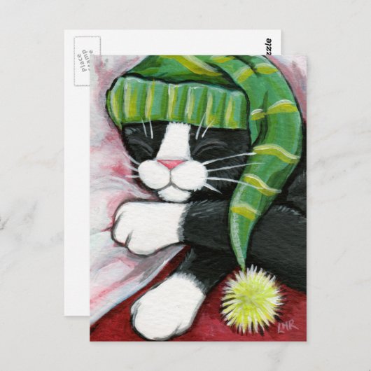 Slaapstand Tuxedo Cat met Nightcap Art Briefkaart (Voorkant / Achterkant)