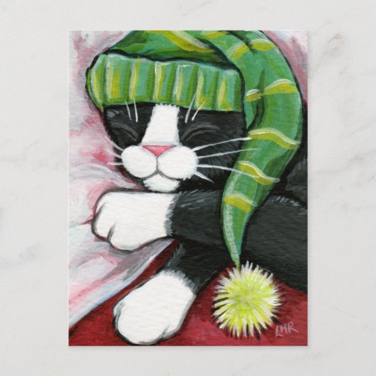 Slaapstand Tuxedo Cat met Nightcap Art Briefkaart (Voorkant)