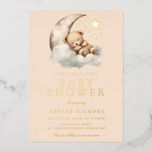 Slaapteddybeer op Moon Baby shower Gold Folie Uitnodiging (Voorkant)