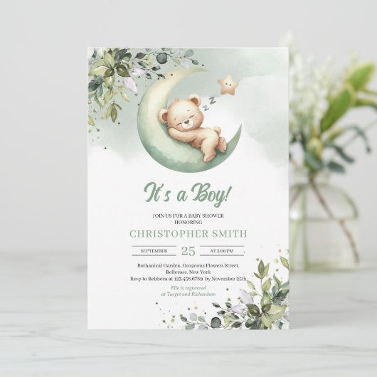 Slaapteddybeer over de maan genderneutraal kaart (Staand voorkant)