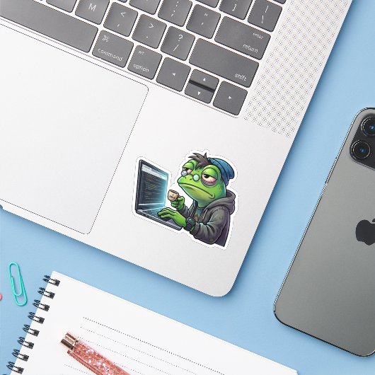 Slaaptekort Kikker Programmeur Code Sticker (Laptop met iPhone)