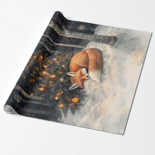 Slaapvos grillige rustieke kerstdecoupage cadeaupapier (Uitgerold)