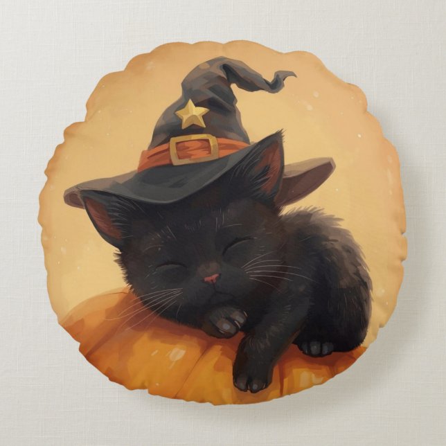 Slaapzwarte kat Halloween rond kussen (Voorkant)