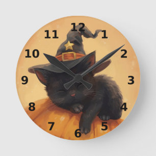 Slaapzwarte kat Halloween Wall Clock Ronde Klok