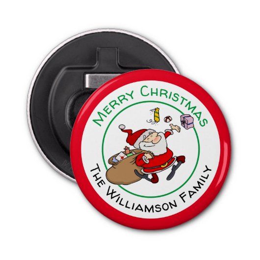 Slachende kerstcadeautjes button flesopener (Voorkant)