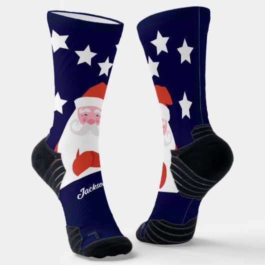 Slachende Kerstman en sterren op blauw Sokken (Gebogen)