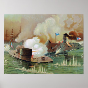 Slag bij de monitor en merrimac lithograaf poster