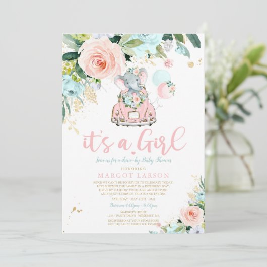 Slagboom Baby Shower Uitnodiging Roze Roos (Staand voorkant)