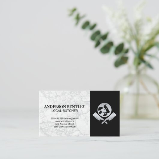 slagersmes | Witte marmeren achtergrond Visitekaartje (Staand voorkant)