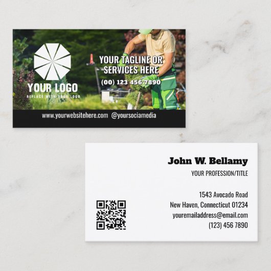 Slagzin Uw Logo Overlay Foto Bewerkbare QR-code Visitekaartje (Voorkant / Achterkant)