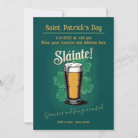 Slàinte! Saint Patrick's Day Pint van bier op groe Kaart (Voorkant)