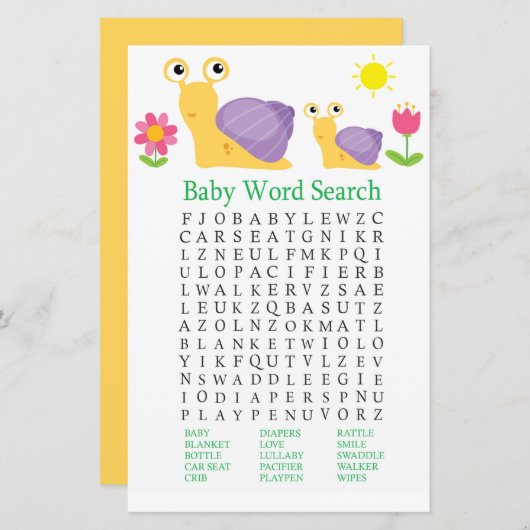 Slak Baby shower Word Search Game (Voorkant / Achterkant)