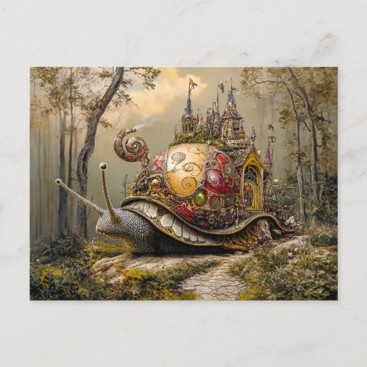 Slak met kasteel op zijn schaal in fantasiescene briefkaart (Voorkant)