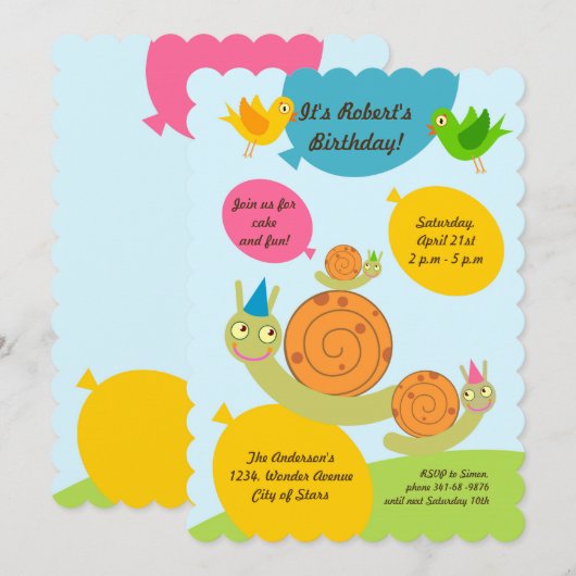 Slakken en ballonnen uitnodiging van Birthday Part (Voorkant / Achterkant)