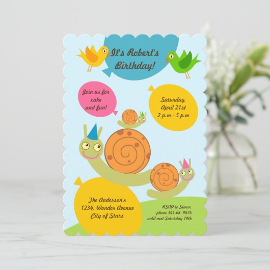 Slakken en ballonnen uitnodiging van Birthday Part (Staand voorkant)