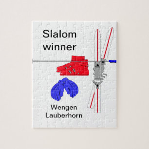 Slalom winnaar, skischoenen, handschoenen en stokk legpuzzel