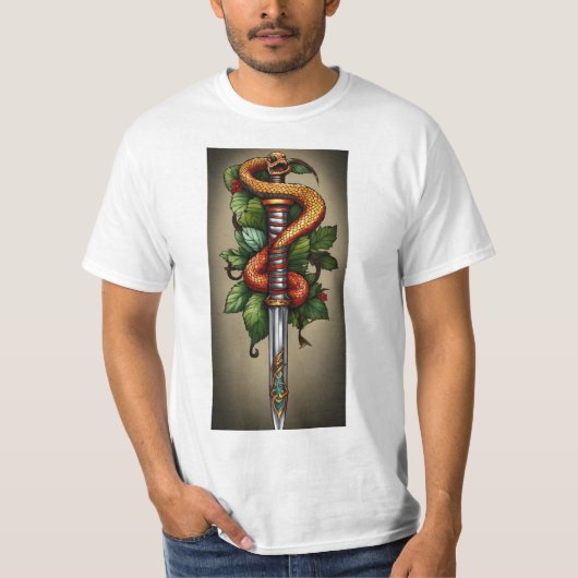 Slang gewikkeld rond dolk tattoo ontwerp t-shirt (Voorkant)