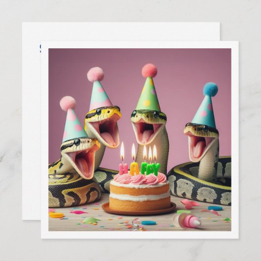 Slangen eten cake verjaardag uitnodiging, reptiel kaart (Voorkant / Achterkant)