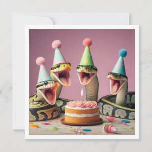 Slangen eten cake verjaardag uitnodiging, reptiel kaart
