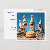 Slangen eten cake verjaardag uitnodiging, reptiel kaart (Voorkant / Achterkant)