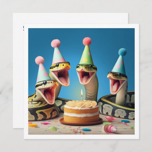 Slangen eten cake verjaardag uitnodiging, reptiel kaart (Voorkant / Achterkant)