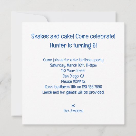 Slangen eten cake verjaardag uitnodiging, reptiel kaart (Achterkant)