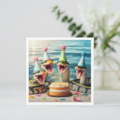 Slangen eten cake verjaardag uitnodiging, reptiel kaart (Staand voorkant)