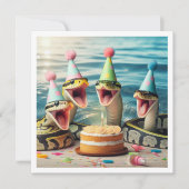 Slangen eten cake verjaardag uitnodiging, reptiel kaart (Voorkant)