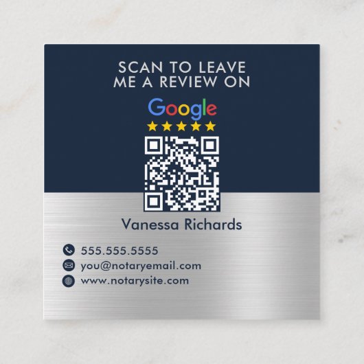 Slank Blue Silver Google Review QR Code Notaris Vierkante Visitekaartje (Achterkant)