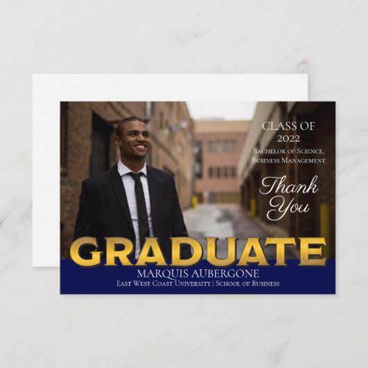 Slank college| Univ Photo Afstuderen Blue| Goud Bedankkaart (Voorkant / Achterkant)