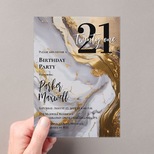 Slank Gold | White Marble Modern 21 verjaardagsfee Acryl Uitnodigingen (Insitu (Draagbaar))