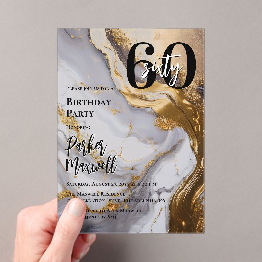 Slank Gold | White Marble Modern 60 verjaardagsfee Acryl Uitnodigingen (Insitu (Draagbaar))