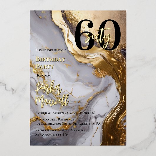 Slank Gold | White Marble Modern 60 verjaardagsfee Folie Uitnodiging (Voorkant)