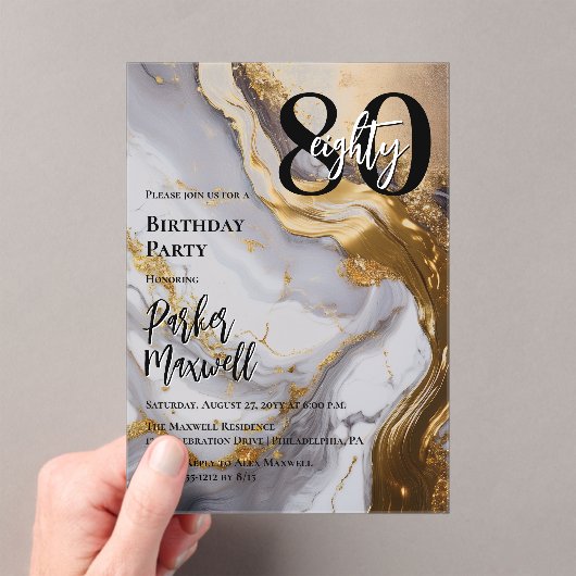 Slank Gold | White Marble Modern 80 verjaardagsfee Acryl Uitnodigingen (Insitu (Draagbaar))