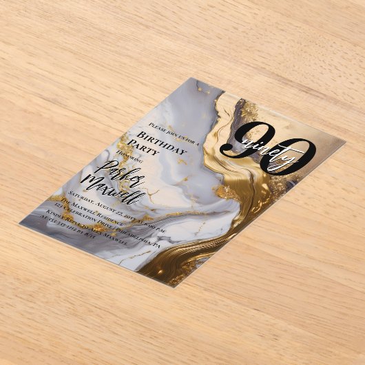 Slank Gold | White Marble Modern 90 verjaardagsfee Acryl Uitnodigingen (Laagn)