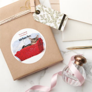 Slank in helder rood mandje op maat ronde sticker