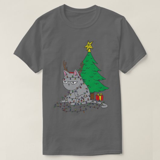 Slank kerstkat Fairy Lights kerstboom T-shirt (Design voorkant)