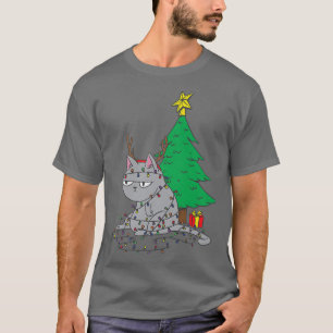 Slank kerstkat Fairy Lights kerstboom T-shirt