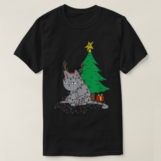 Slank kerstkat Fairy Lights kerstboom T-shirt (Design voorkant)