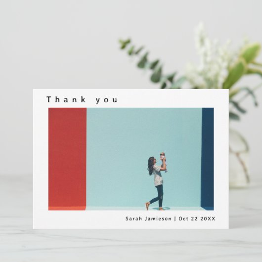 Slank Modern Eenvoudig Aangepast Foto Baby shower Bedankkaart (Staand voorkant)