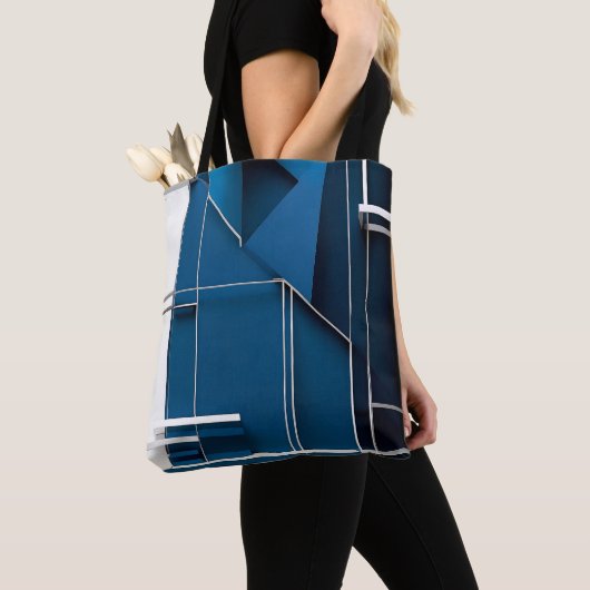 Slank modern geometrisch wit blauw ontwerp tote bag (Dichtbij)