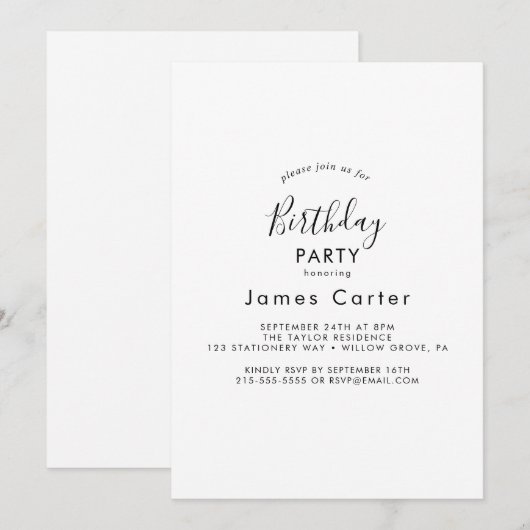 Slank Modern Script Verjaardagsfeestje Uitnodiging (Voorkant / Achterkant)