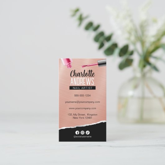 Slank Roos Goud Metallic Nail Art Nail Technician Visitekaartje (Staand voorkant)