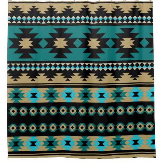 Slank standaard tribaal Aztec Blue en Black Douchegordijn (Voorkant)