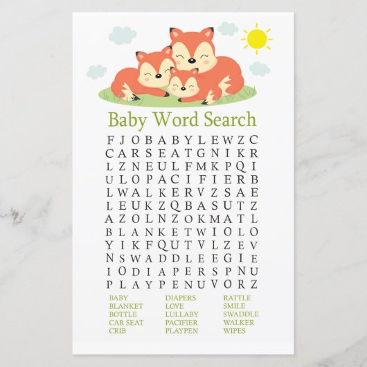 Slank vos Baby shower Word Search Game (Voorkant)