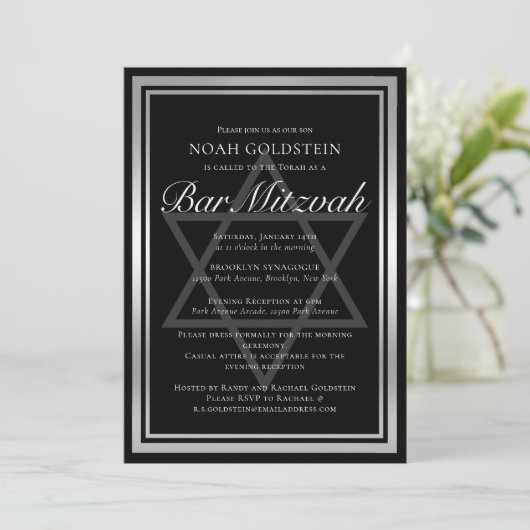 Slank Zilver Zwart Formal Bar Mitzvah Kaart (Staand voorkant)