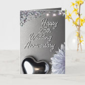 Slank Zilveren Hart 25e bruiloft Jubileum Kaart (Gele Bloem)