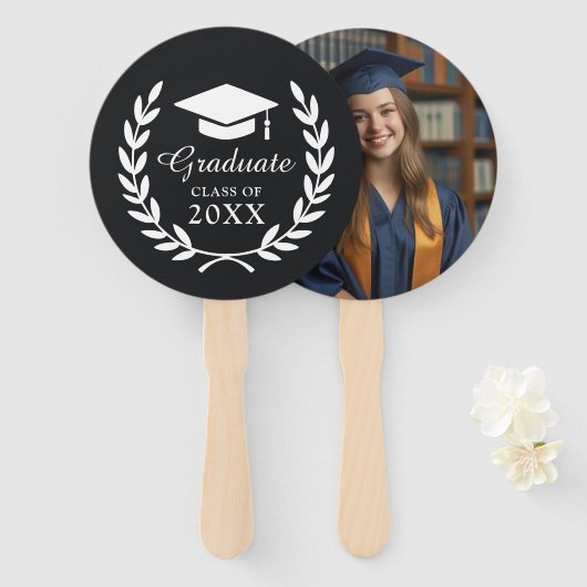 Slank zwart gepersonaliseerd Afstuderen foto emble Handwaaier (Voorkant en achterkant)