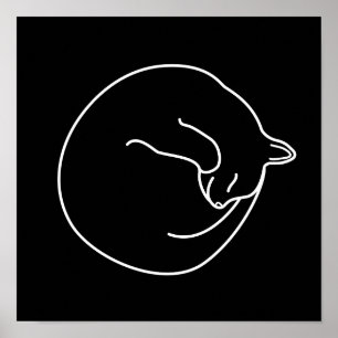 Slank zwart kat wit op zwart afdrukken poster