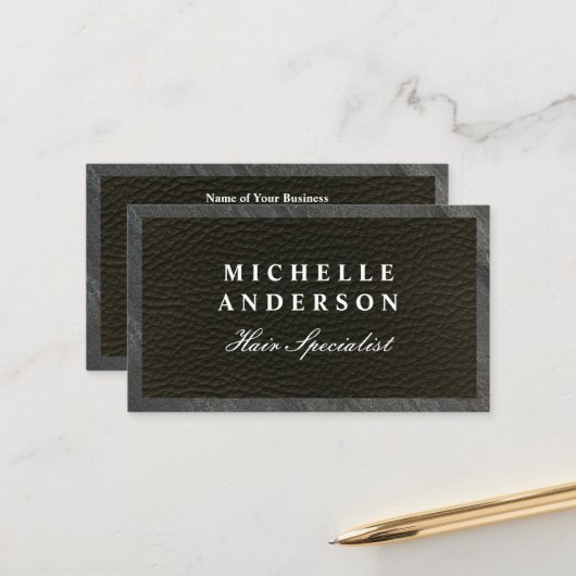 Slank zwart leder | Leisteentrim | QR-code Afsprakenkaartje (Voorkant / Achterkant in situ)